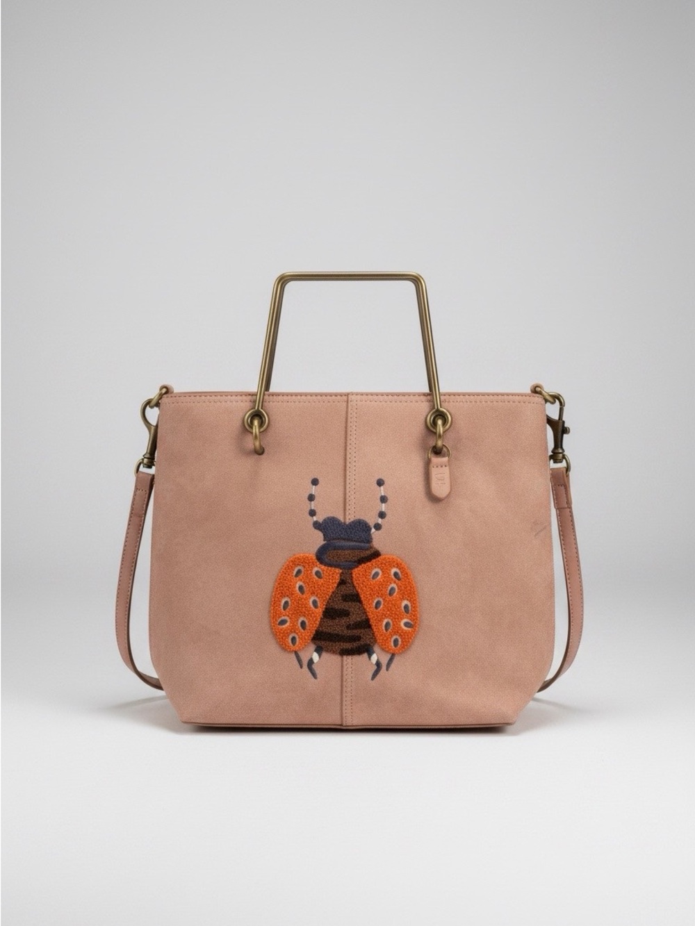 Structured Pink Crossbody Bag with Embroidered Ladybug Accent